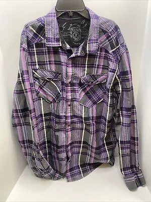 Marc Ecko Mens Shirt Western Button Snap Purple Plaid XL Cut & Sew Long Sleeve • $20