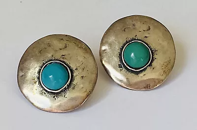 Vintage Southwestern Sterling Silver Turquoise Blue Round Stud Earrings 1” • $59.99