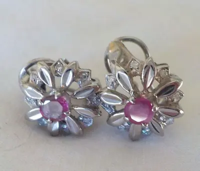 Vintage 14k White Gold Floral Ruby Diamond Earrings - 9.53 Gms 0.57 In 0.70 Ct • $438