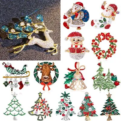 Crystal Christmas Tree Deer Elk Santa Claus Brooch Pin Women Men Xmas Party Gift • $2.14