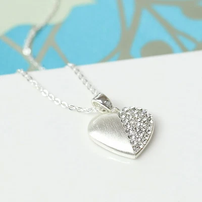 £10.99 • Buy POM Silver Plated Brushed Heart Necklace Half Inset With Crystals 