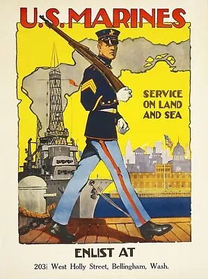 U.S. Marine Corps Service On Land And Sea World War 1 Giclee Poster Repro 24x32 • $59.95