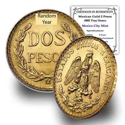 1919-1948 (Random Year) Mexican 1/5 Hidalgo Gold 2 Pesos Coin Brilliant Uncircul • $289.95