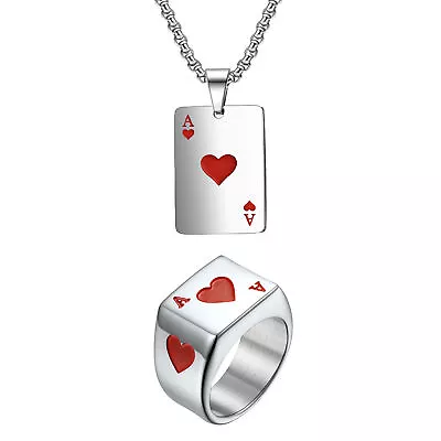 Men's Lucky Ace Of Heart Poker Pendant Stainless Steel Necklace Ring Jewelry Set • $20.99