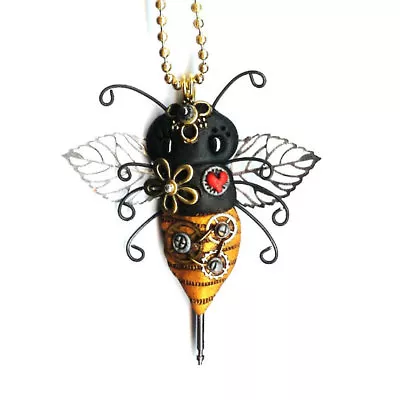 Steampunk Bee Necklace Polymer Clay Jewelry Gears Metal Wings Ball Chain • $29.95