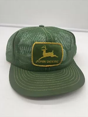 Vintage 80s John Deere Snap Back Ball Cap Hat Green Yellow Trim All Mesh • $35.95