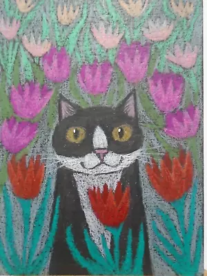 Tuxedo Cats Ollietuxedo Original 2.5x3.5  ACEO Tuxedo Cat In The Tulips • $1.99