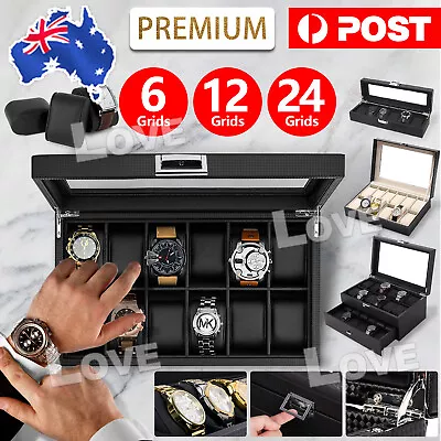 High-Grade 6/12/24 Grids Carbon Fiber Watch Box Storage Case Display Organizer • $19.95