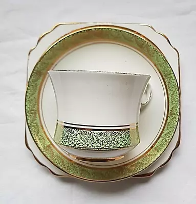 T F & S Ltd Bone China Trio Green & Gold Design • £4