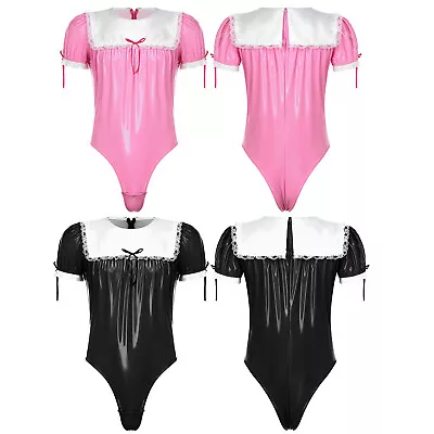 Mens Leotard Wet Look Maid Costume Sissy Bodysuit Clubwear Romper Lace Trim • £9.59