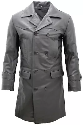 Mens Classic Black Uboat German Naval Military Pea Coat Cowhide Leather Jacket • $222.99