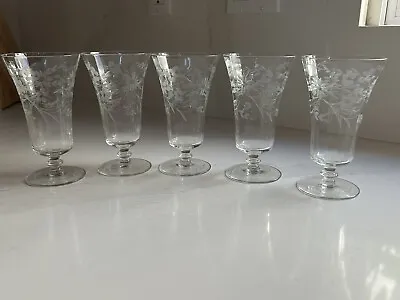 5 Vintage Footed Crystal Iced Tea Glasses Flowers And Vines • $45