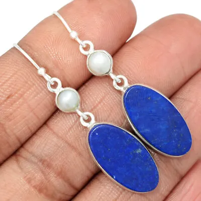 Natural Lapis Lazuli & Pearl 925 Sterling Silver Earrings Jewelry CE24080 • $11.99