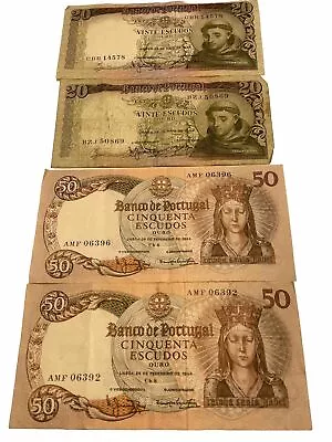 4 Banknotes PORTUGAL Currency 2 $20 Escudos 2 $50 Escudos 1954 1964 Paper Money • $14.97