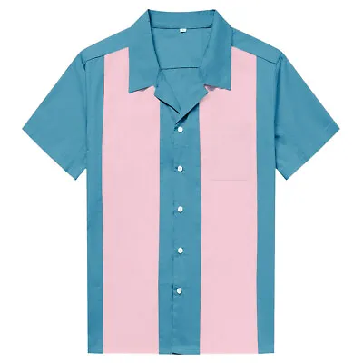 Men's Classic Casual Button Up Dress Shirt Rockabilly Bowling Shirt Blue&Pink • $24.59