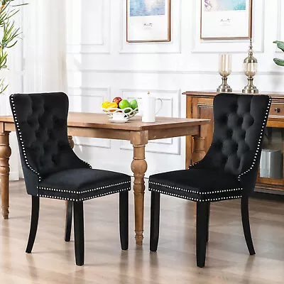 Modern Set Of 2 Black Velvet Upholstered Dining Chairs Nailhead Trim Wooden Legs • $169.99