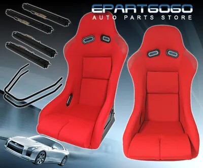 2x Universal Red Fabric Full Bucket Non-Reclinable Racing Seats + Slider Rails • $303.99