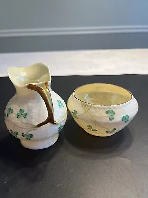 Vintage Belleek Sugar Bowl Creamer Shamrock Ware Pattern Green Mark 1965-1980 • $39.99