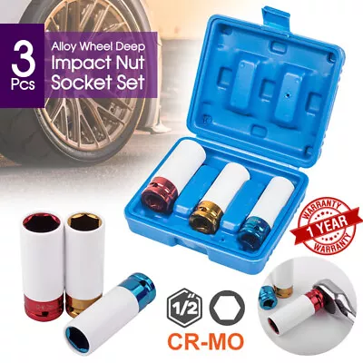 3pc Alloy Wheel Deep Impact Nut Socket Set 17 19 21mm 1/2'' With Nylon Sleeve • $16.99