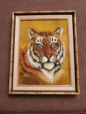 Vintage Oil Painting Of Tiger Signed Rex 12 X 16 Stretched Canvas Framed • $99.99