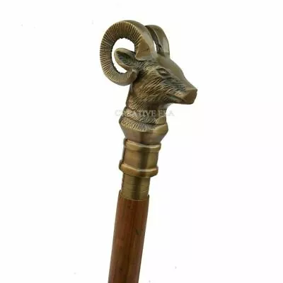 Antique Brass Goat Head Handle Victorian Style Wooden Walking Stick Vintage Cane • $42