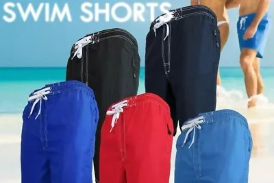 Mens Long Plain Mesh Lined Shorts Zip Pocket Swimming Board Holiday Beach S-2XL • £3.95
