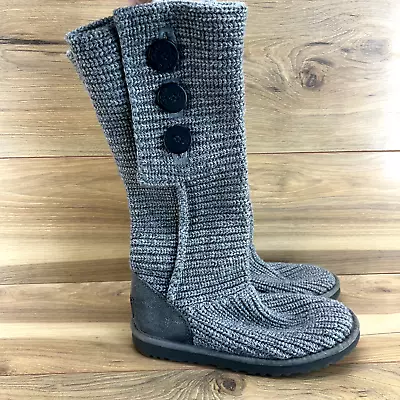 UGG Womens Boots 8 Cardy Gray Sweater Knit Tall Three Button Cozy 5819 • $29.88