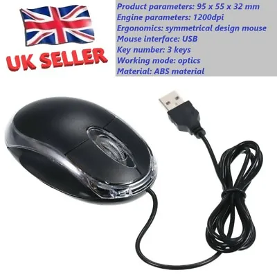 WIRED USB OPTICAL MOUSE FOR PC LAPTOP COMPUTER SCROLL WHEEL - BLACK UK Seller • £4.99