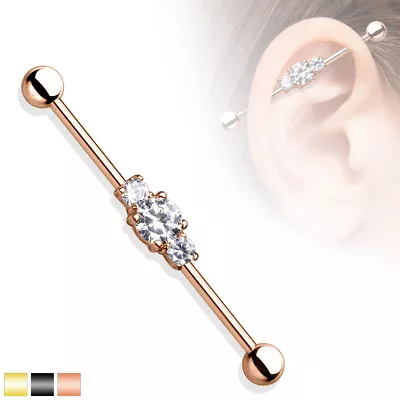 Three Stone Cubic Zirconia IP Surgical Steel Industrial Barbell • $8.99