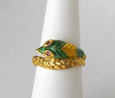 Vintage 18k Gold Coiled Snake Serpent Viper Ring Green Enamel Ruby Eyes 6gr • $599
