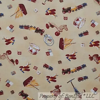 BonEful Fabric FQ Cotton Quilt Brown Wood Toy Antique VTG Airplane Boat Train UK • $14.50