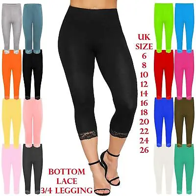 Womens Lace Trim Cotton Stretchy 3/4 Length Capri Jegging Cropped Leggings Pants • £4.95