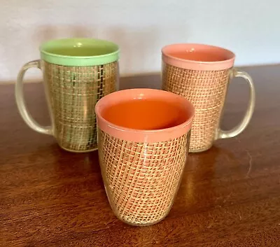 Vintage Raffiaware Insulated Burlap Raffia Mid Century MCM Melmac Mugs Cups 3pc • $10