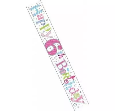 6th BIRTHDAY BANNER - Age 6 - PARTY DECORATION - PINK Girl - Six - SIMON ELVIN • £2.19