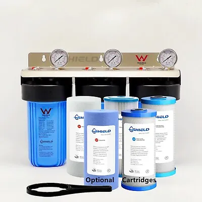 $370 • Buy 10  X 4.5  Triple Big Blue Whole House Water Filter System 3 Stage 304SS Bracket