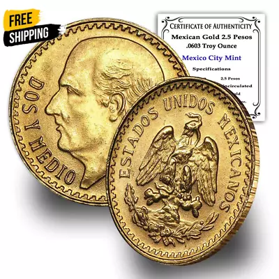 1918-1948 (Random Year) Mexican 1/4 Hidalgo Gold 2.5 Pesos Coin Brilliant Uncirc • $429.56