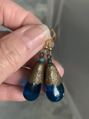 ❤️Vintage Deep Sapphire Blue Teardrop Dangle Bead Drop Earrings Hook • $29