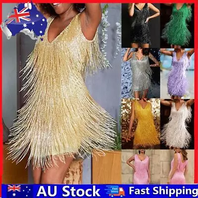 V Neck Glitter Fringe Dress Vintage Style Women Tassel Mini Dress Party Clothing • $21.79