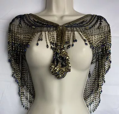 Vintage Hand Beaded Sequin Shawl Wrap Cape Ties Flapper Peacock • $56.25