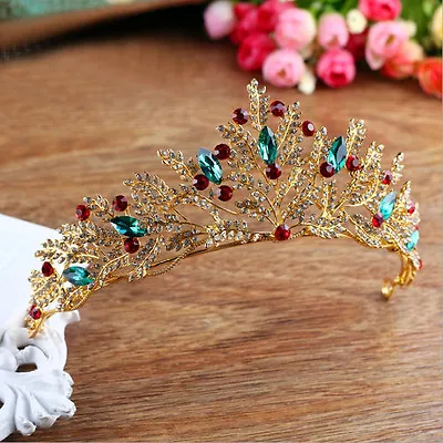 6cm Tall Leaf Red Lake Blue Crystal Tiara Crown Adult Wedding Queen Pageant Prom • £13.79