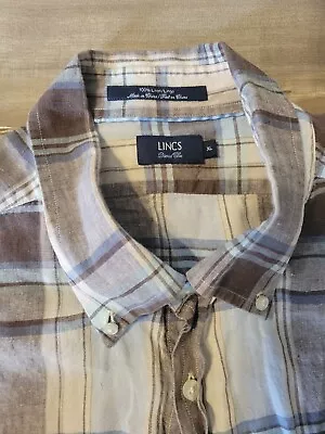 Lincs 100% Linen Men's XL Short Sleeve Plaid Button Down David Chu Blue Brown • $9.99