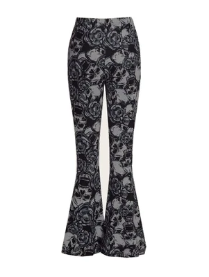 £14.95 • Buy Womens Size 12-14 UK Black Grey Skull & Rose Flared Trousers New L Retro 70s Alt
