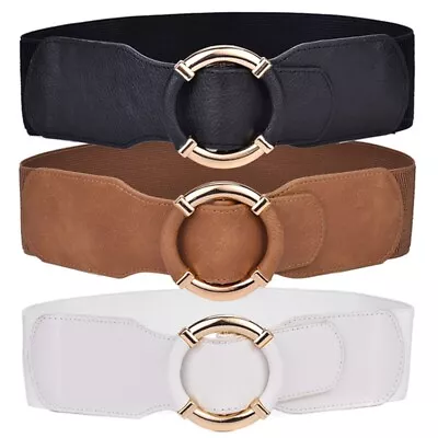 Womens Wide Belt Waistband Elastic Stretch Ring Buckle PuLeather Corset Cinch UK • £6.99