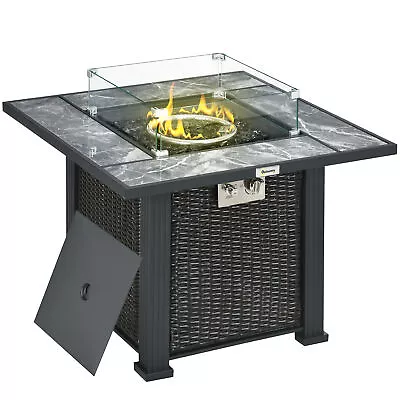 Outsunny Gas Fire Pit Table W/ Rain Cover Windscreen & Glass Stone 50000 BTU • £239.99