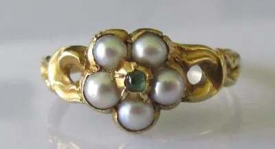 £475 • Buy 15ct Gold Ring - Georgian 15ct Yellow Gold Pearl & Emerald Ring Size H