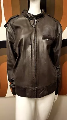 1980's Members Only Brown Leather Cafe Racer Jacket Size 44 VTG Stranger Things • $79.99