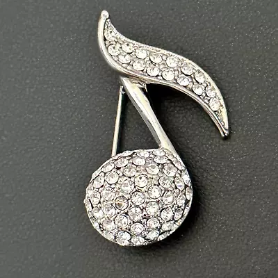 Vintage Music Note Clear Rhinestone Silver Tone Ladies Brooch Pin • $16.99