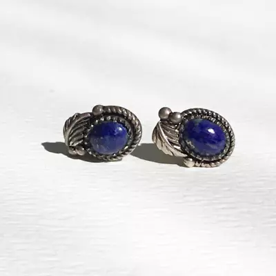 925 Sterling Silver Blue Lapis Lazuli? Leaf Rope Edged Stud Pierced Earrings • $19.99