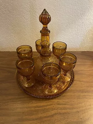 Vintage Tiara Amber Glass Daisy Design Decanter Set -Tray 6 Glasses + Decanter • $45