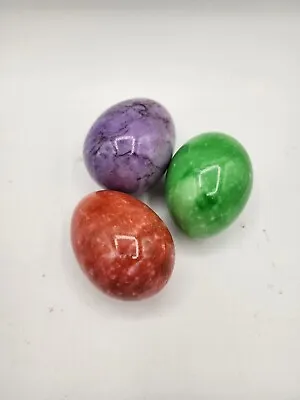 Set Of 3 Stone Marble Eggs Red Purple And Green Easter 3” • $39.99